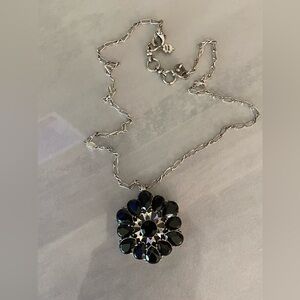Lucky Brand Black Faceted Crystal Flower Pendant Necklace, Adjustable,Silvertone